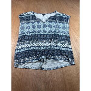 Lucky Brand Tie Front Boho Top Blue Tribal Print Sleeveless XL